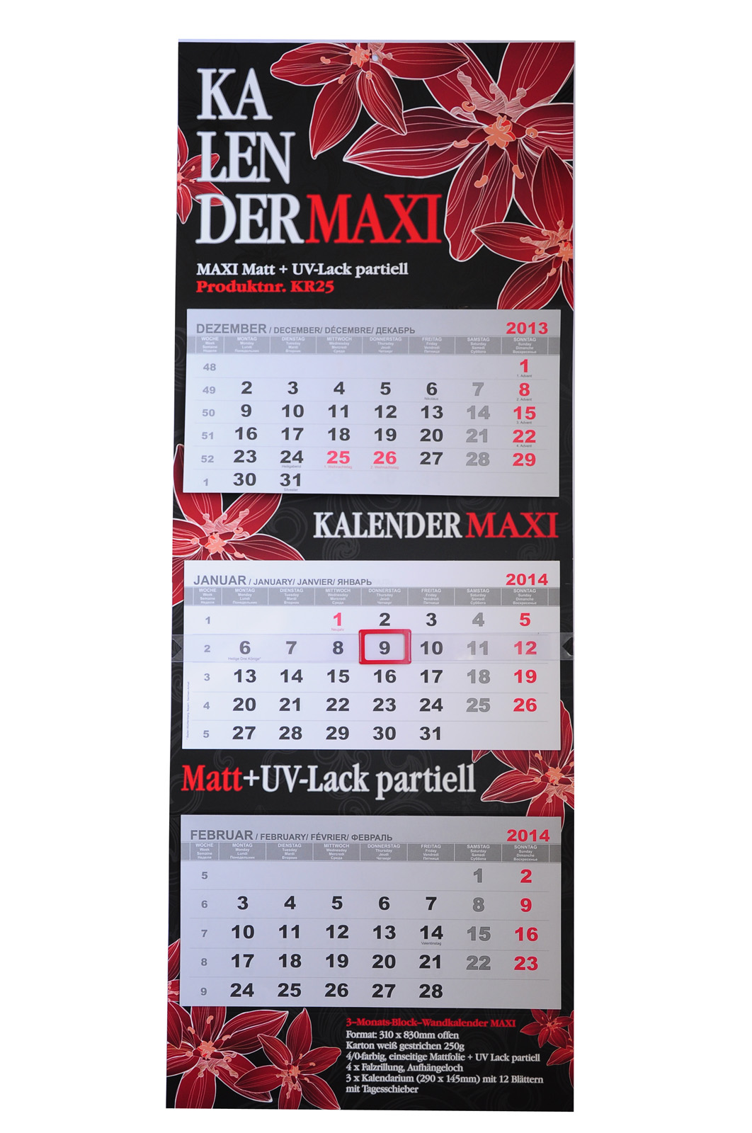 3-Monats-Block-Wandkalender MAXI mit partiellem UV-Lack