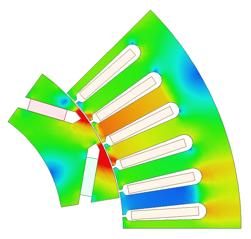 Simulation der magnetischen Flussdichte in einer permanent erregten Synchronmaschine (Bild: CADFEM). Simulation der magnetischen Flussdichte in einer permanent erregten Synchronmaschine (Bild: CADFEM).