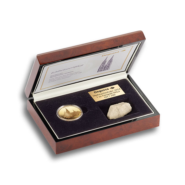 Degussa Weihnachtsthaler in Gold mit original Domstein Degussa Weihnachtsthaler in Gold mit original Domstein
