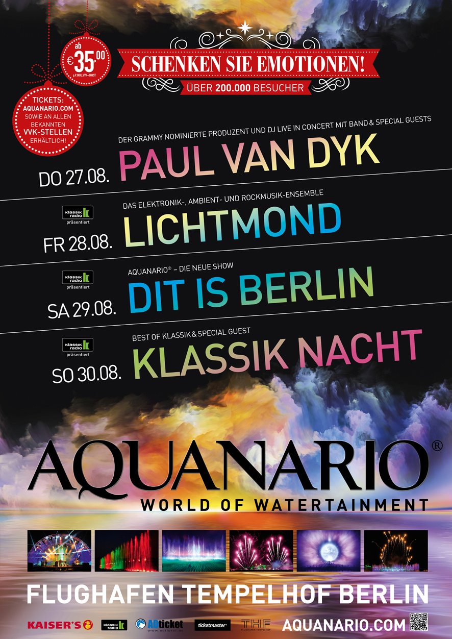Aquanario Weihnachtsplakat mit Tourdaten von Paul van Dyk, Lichtmond und den Shows Aquanario Weihnachtsplakat mit Tourdaten von Paul van Dyk, Lichtmond und den Shows