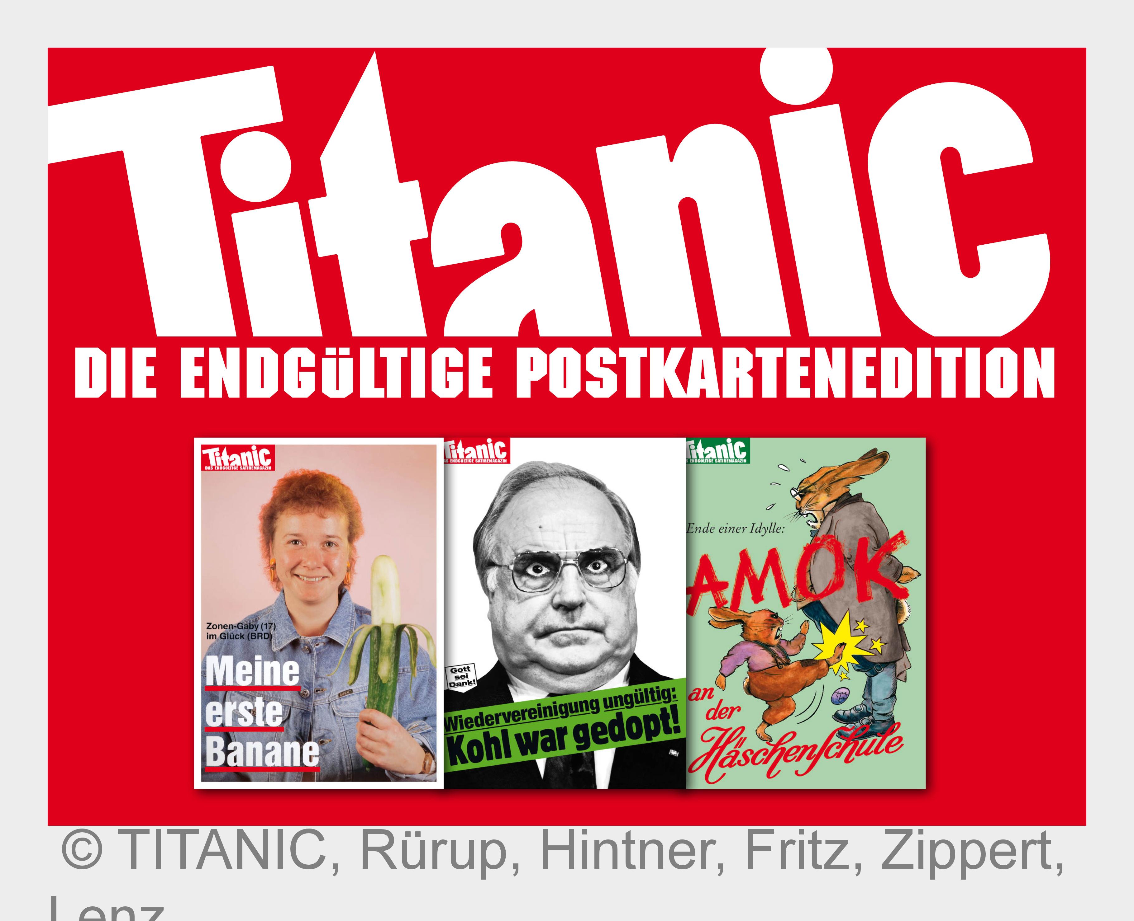 Die 59 prägendsten Heftcover aus 35 Jahren TITANIC gibt es jetzt auf Postkarte. (Bildquelle:©TITANIC Die 59 prägendsten Heftcover aus 35 Jahren TITANIC gibt es jetzt auf Postkarte. (Bildquelle:©TITANIC