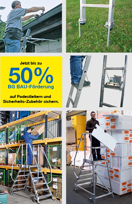 Jetzt bis zu 50% BG BAU-Förderung auf Podestleitern und Sicherheits-Zubehör sichern. Jetzt bis zu 50% BG BAU-Förderung auf Podestleitern und Sicherheits-Zubehör sichern.