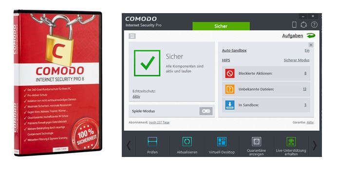 Die COMODO Internet Security Pro 8 Box und die Nutzeroberfläche der Software Die COMODO Internet Security Pro 8 Box und die Nutzeroberfläche der Software