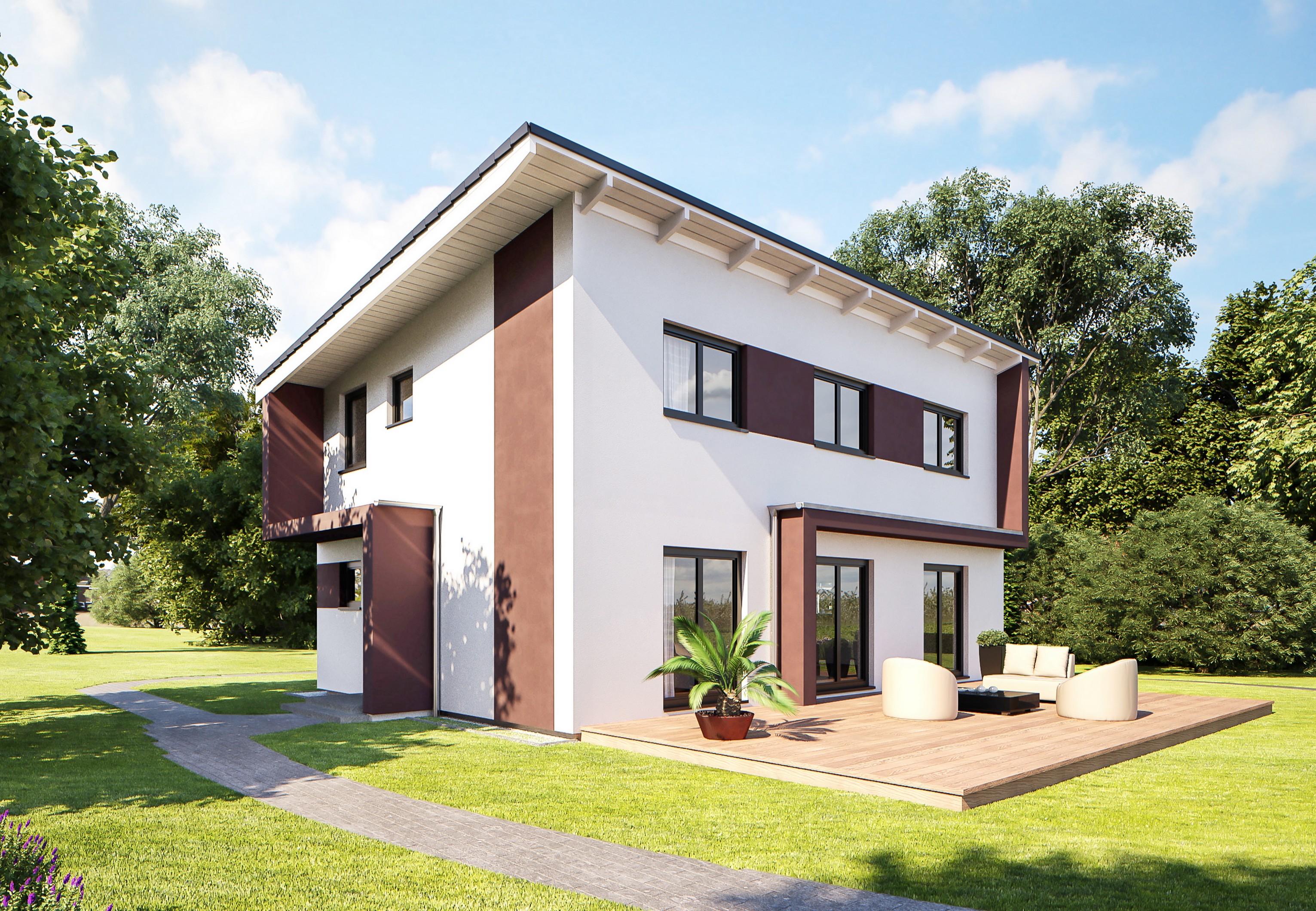 Moderne Architektur in Verbindung mit auffälligen Farbakzenten. (Foto: Hanlo Haus)