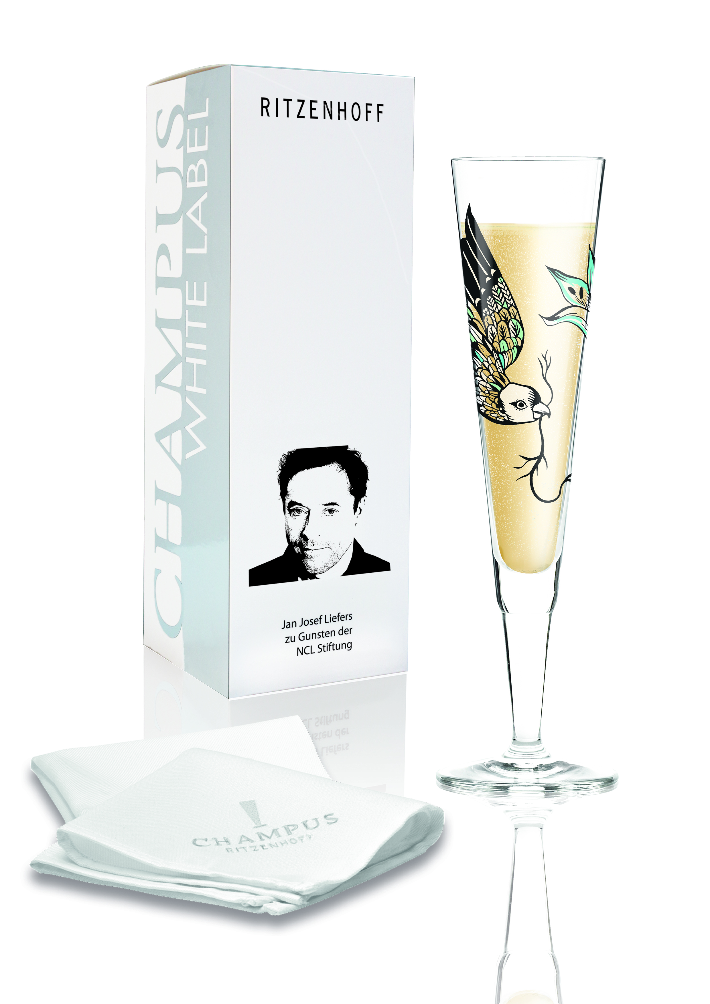 CHAMPUS WHITE LABEL Glas mit passender Stoffserviette in exklusiver Geschenkverpackung.
