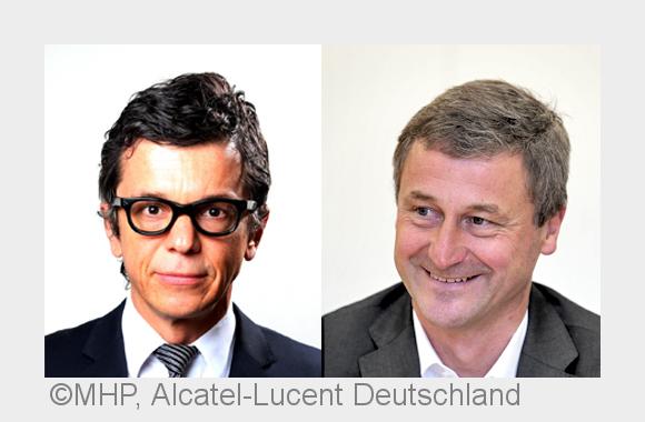H. Radowski (MHP) und W. Dresselhaus (Alcatel-Lucent) sprechen auf dem automotiveIT Kongress 2015. (