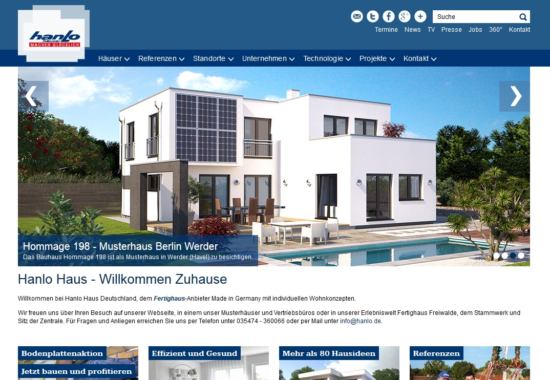 In modernem, klarem Design präsentiert sich der neue Internetauftritt von Hanlo. (Foto: Hanlo Haus) In modernem, klarem Design präsentiert sich der neue Internetauftritt von Hanlo. (Foto: Hanlo Haus)