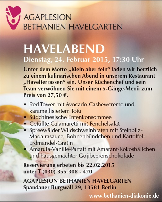 Menüangebot Havelabend in den Havelterrassen