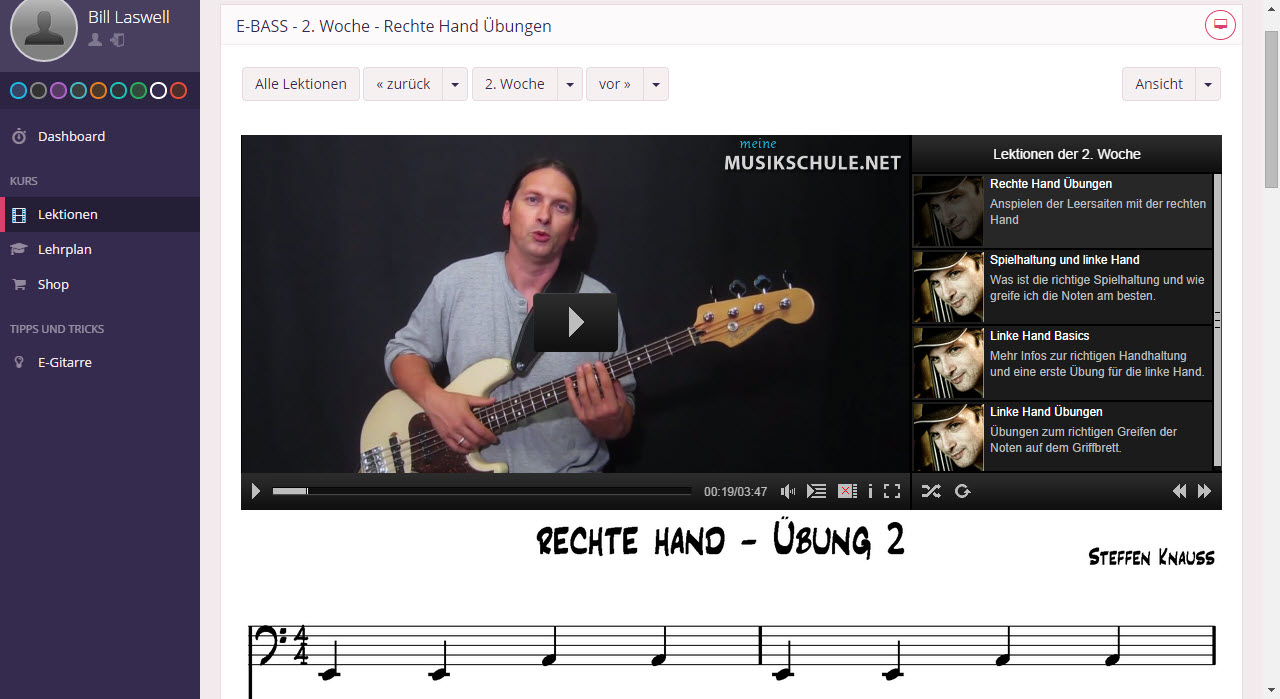 Screenshot aus dem Kursbereich von E-Bass lernen mit Steffen Knauss Screenshot aus dem Kursbereich von E-Bass lernen mit Steffen Knauss