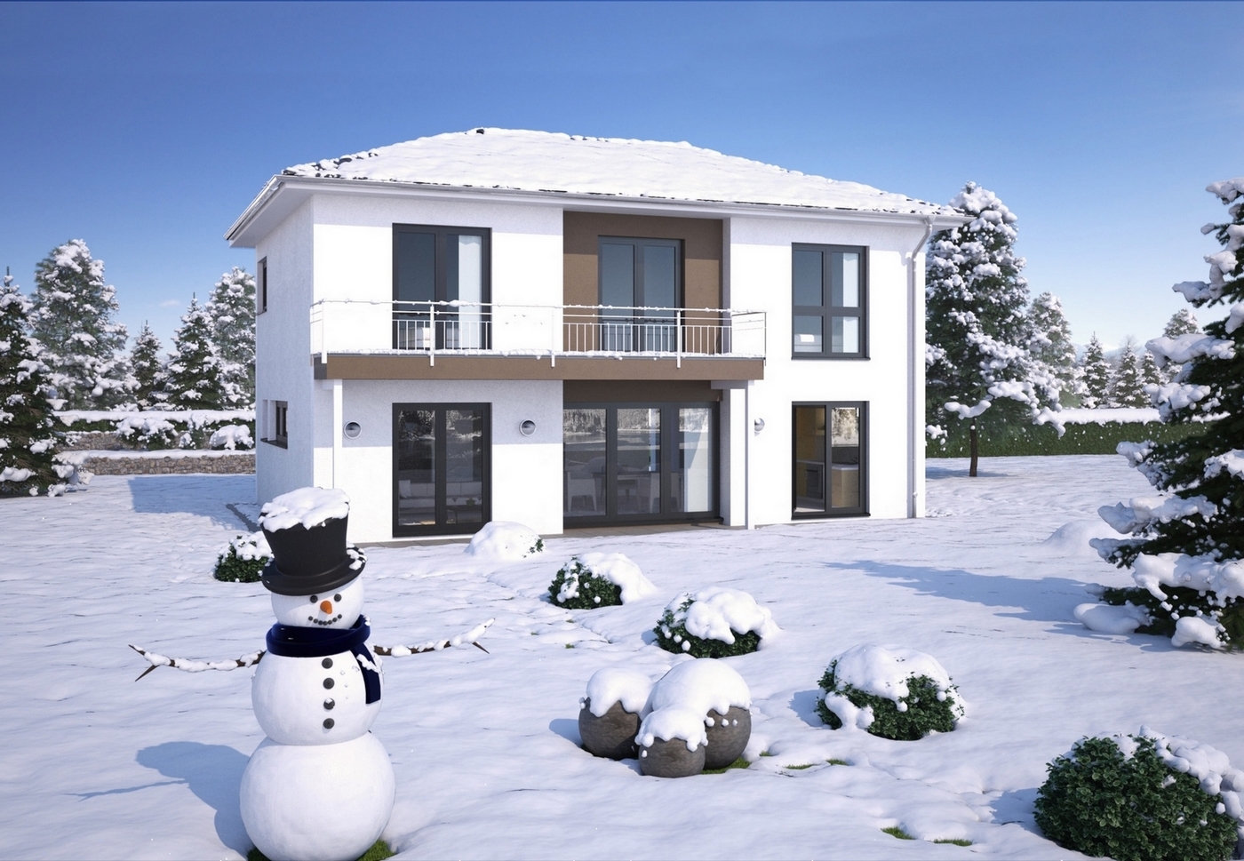 Moderne Architektur und eine energieeffiziente Bauweise tragen im Winter zu einem hohen Wohnkomfort 