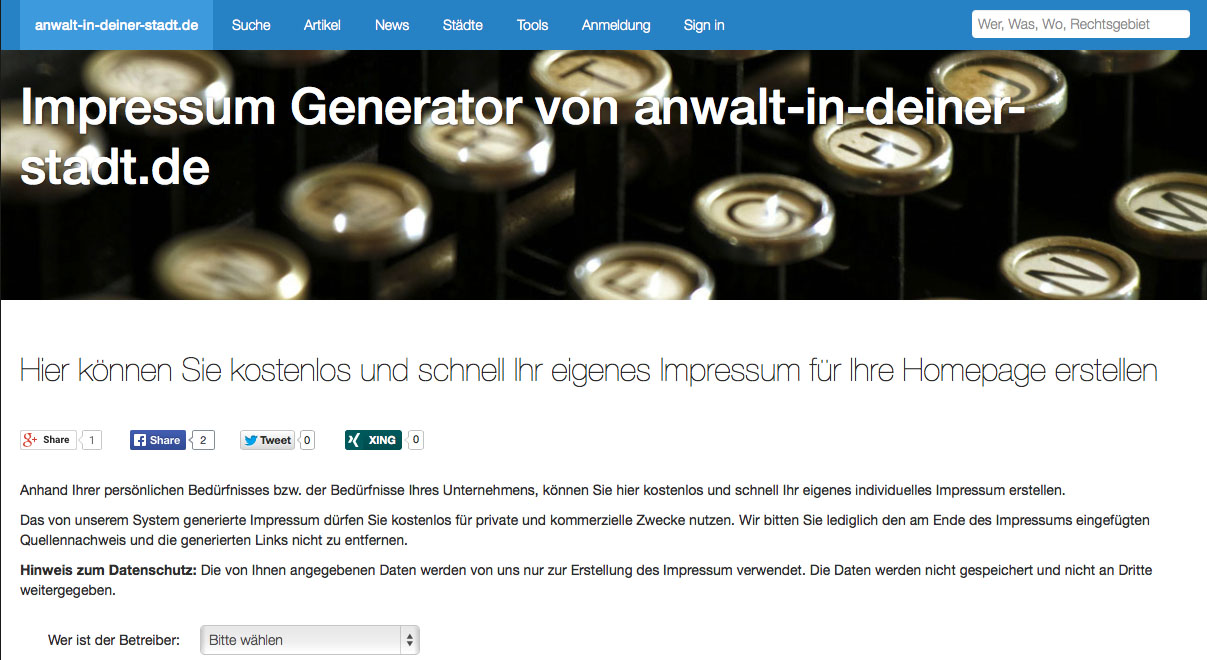 Impressum-Generator von www.anwalt-in-deiner-stadt.de - kostenfrei, schnell, rechtssicher!