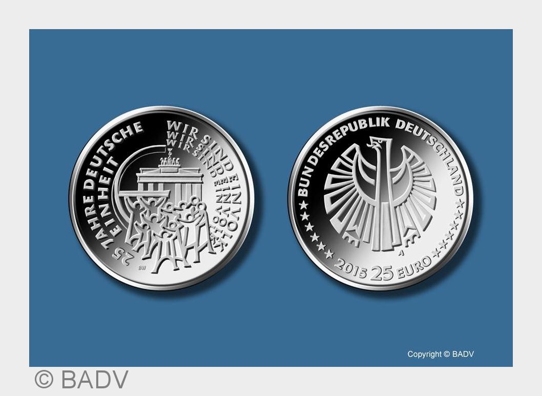 In reinstem Silber: 25-Euro-Gedenkmu?nze zum Jubiläum?25 Jahre Deutsche Einheit?(Bildquelle:©BADV) In reinstem Silber: 25-Euro-Gedenkmu?nze zum Jubiläum?25 Jahre Deutsche Einheit?(Bildquelle:©BADV)