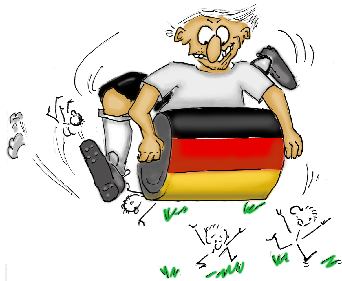 Einer der vielen illustrierten Fußball-Charakteren aus der World Edition: Die deutsche Dampfwalze!