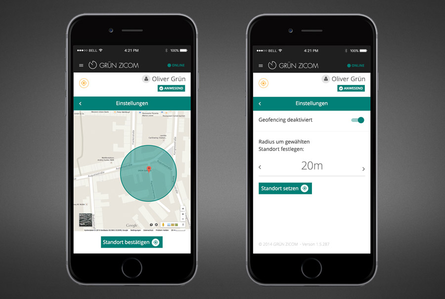 Kommen und Gehen-Zeitenüber die Geofence-Funktion von Smartphones in der GRÜN ZICOM App erfassen.