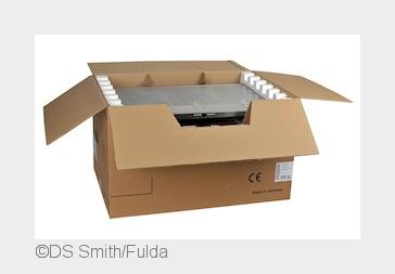 Bei der Wellpapp-Lösung wird der Lüfterkasten mit Gebläsemotor zum tragenden Teil der Verpackung. (B