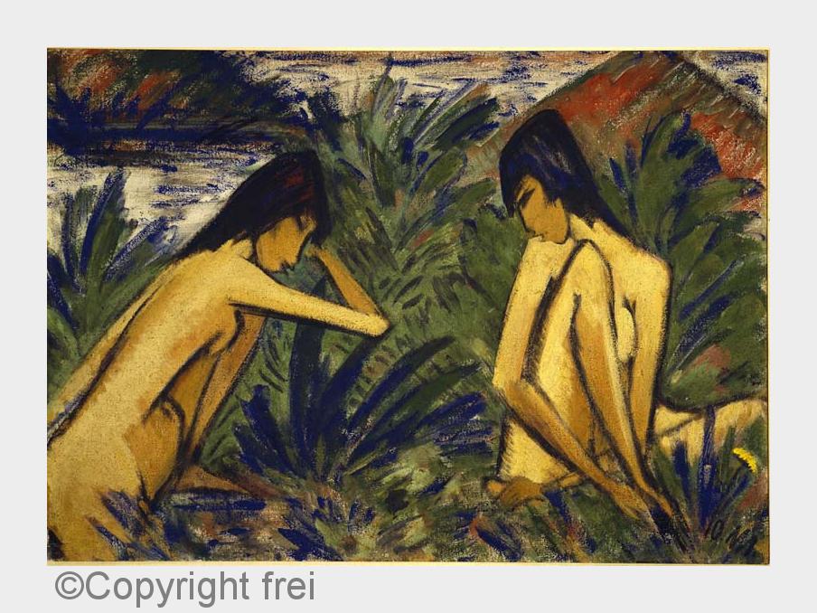 Otto Mueller, Zwei badende Mädchen, 1921, Leimfarbe auf Rupfen, Brücke-Museum Berlin (Bildquelle: Co