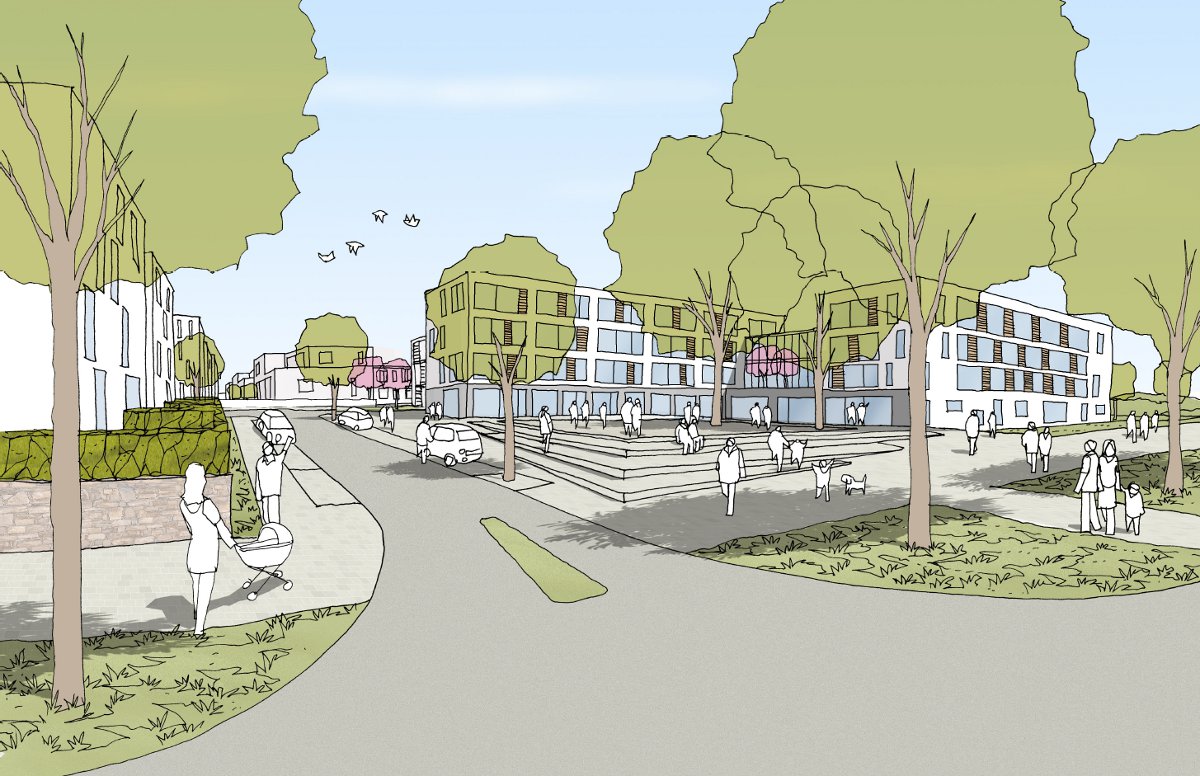 Die Quartierseinfahrt zurÖKOSiedlung mit Kita und Seniorenwohnen. Die Quartierseinfahrt zurÖKOSiedlung mit Kita und Seniorenwohnen.