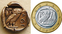 Eulen-Motiv auf antiker Tetradrachme und der aktuellen griechischen 1-Euro-Münze Eulen-Motiv auf antiker Tetradrachme und der aktuellen griechischen 1-Euro-Münze