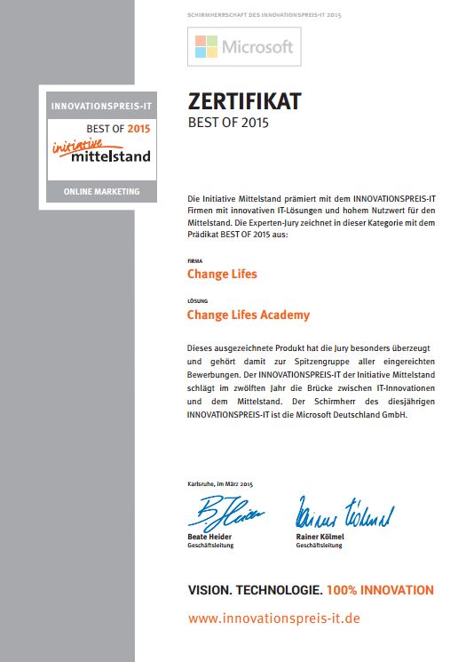 Zertifikat von Change Lifes für den INNOVATIONSPREIS-IT 2015