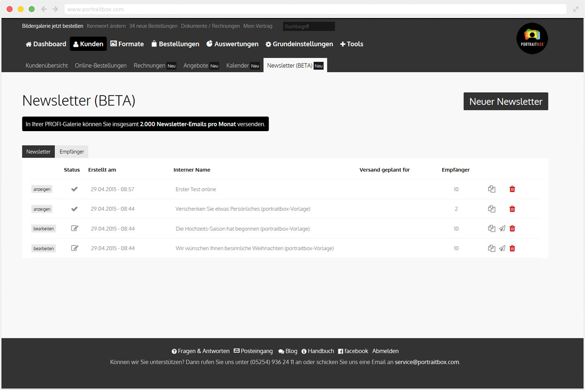 Screenshot portraitbox Adminbereich / Newsletter (www.portraitbox.com)