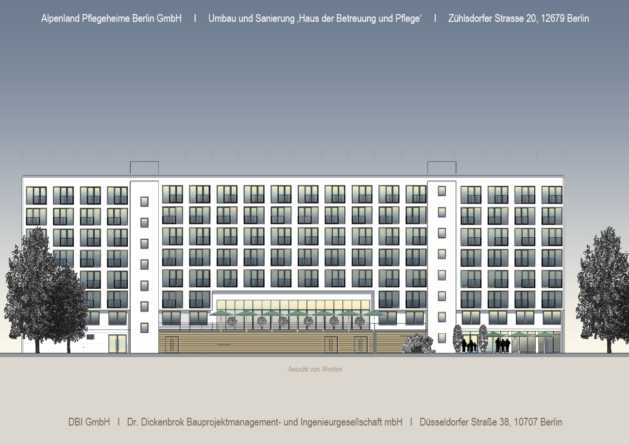 Westansicht der entstehenden Seniorenwohnwelt Zühlsdorfer Straße nach der Generalsanierung
