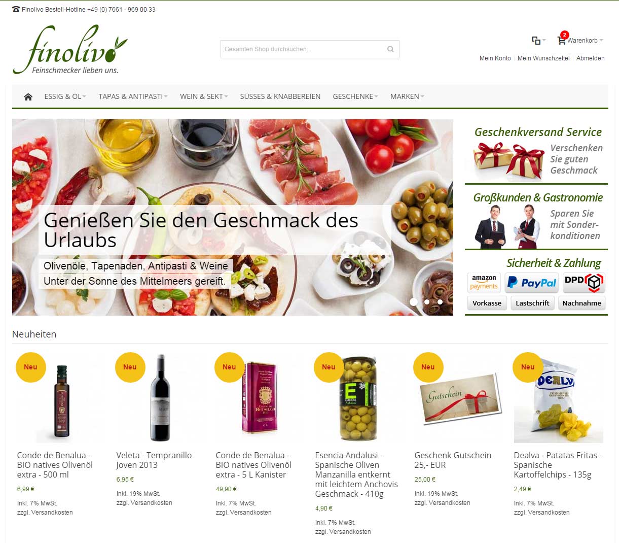 Die Startseite des neuen Onlineshop http://www.finolivo.de