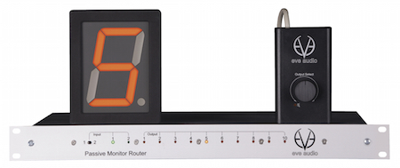 Der passive Monitor Router EVE Audio PMR 2.10 schaltet zwischen 10 Lautsprecherpaaren um. Der passive Monitor Router EVE Audio PMR 2.10 schaltet zwischen 10 Lautsprecherpaaren um.