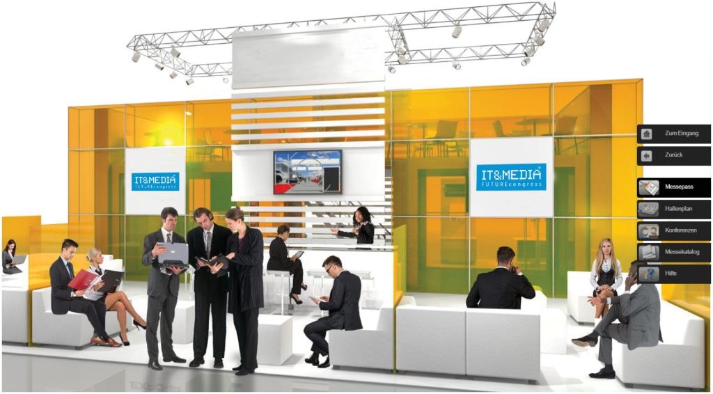 Der virtuelle Messestand kann nach dem CI des Unternehmens gestaltet werden Der virtuelle Messestand kann nach dem CI des Unternehmens gestaltet werden