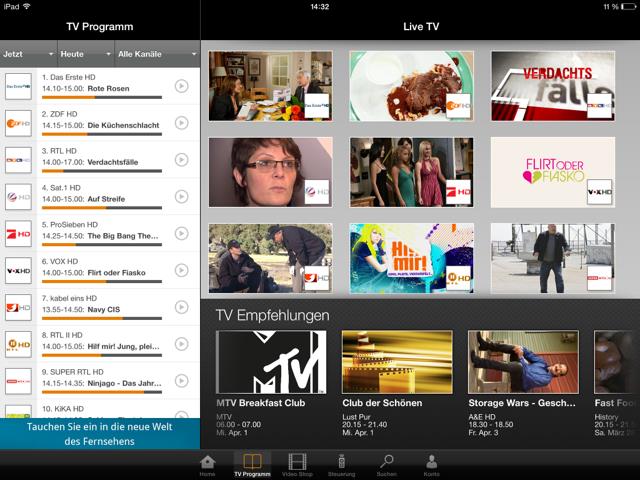 EPG-Ansicht auf dem Tablet EPG-Ansicht auf dem Tablet