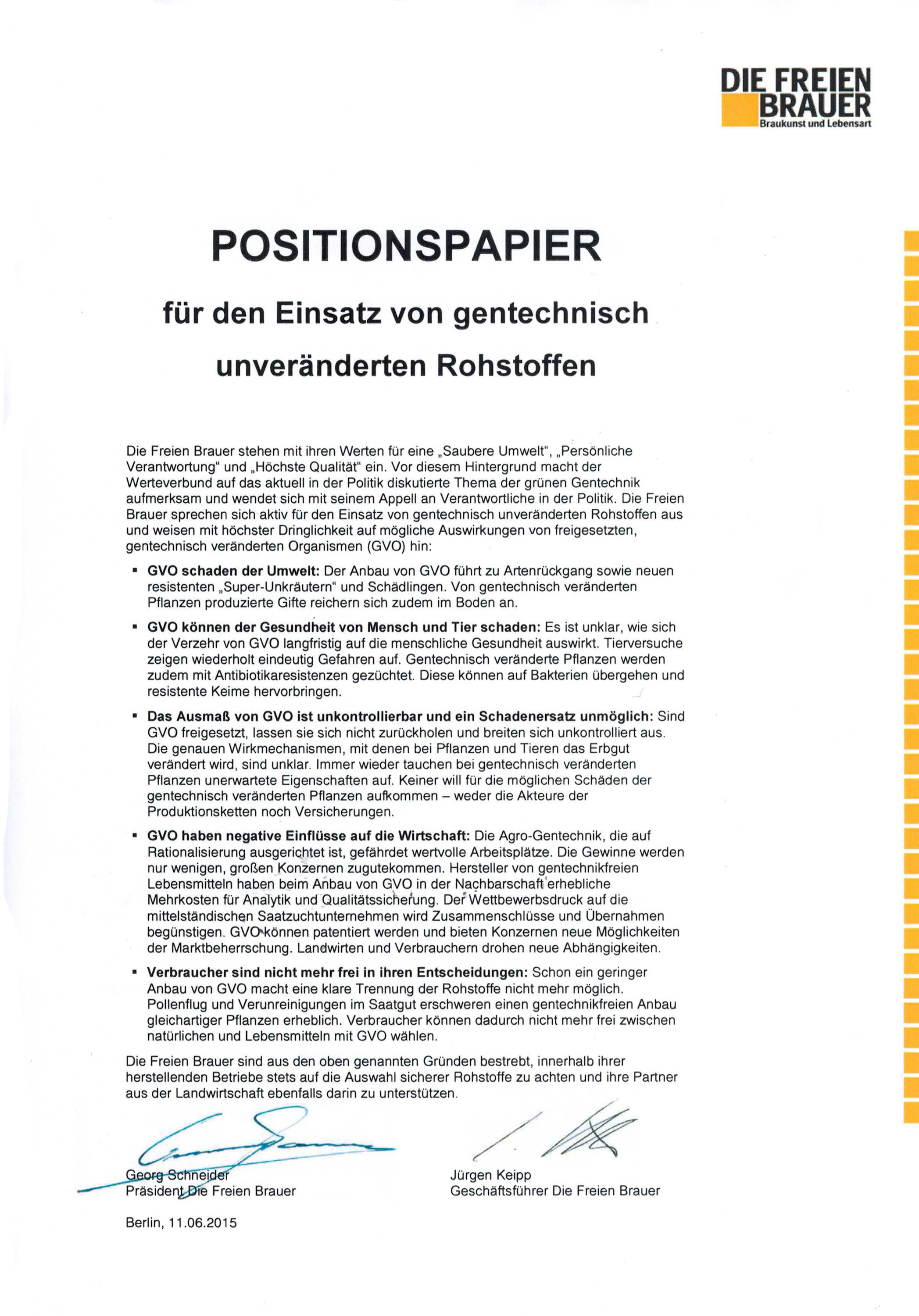 Positionspapier der Freien Brauer für den Einsatz von gentechnisch unveränderten Rohstoffen