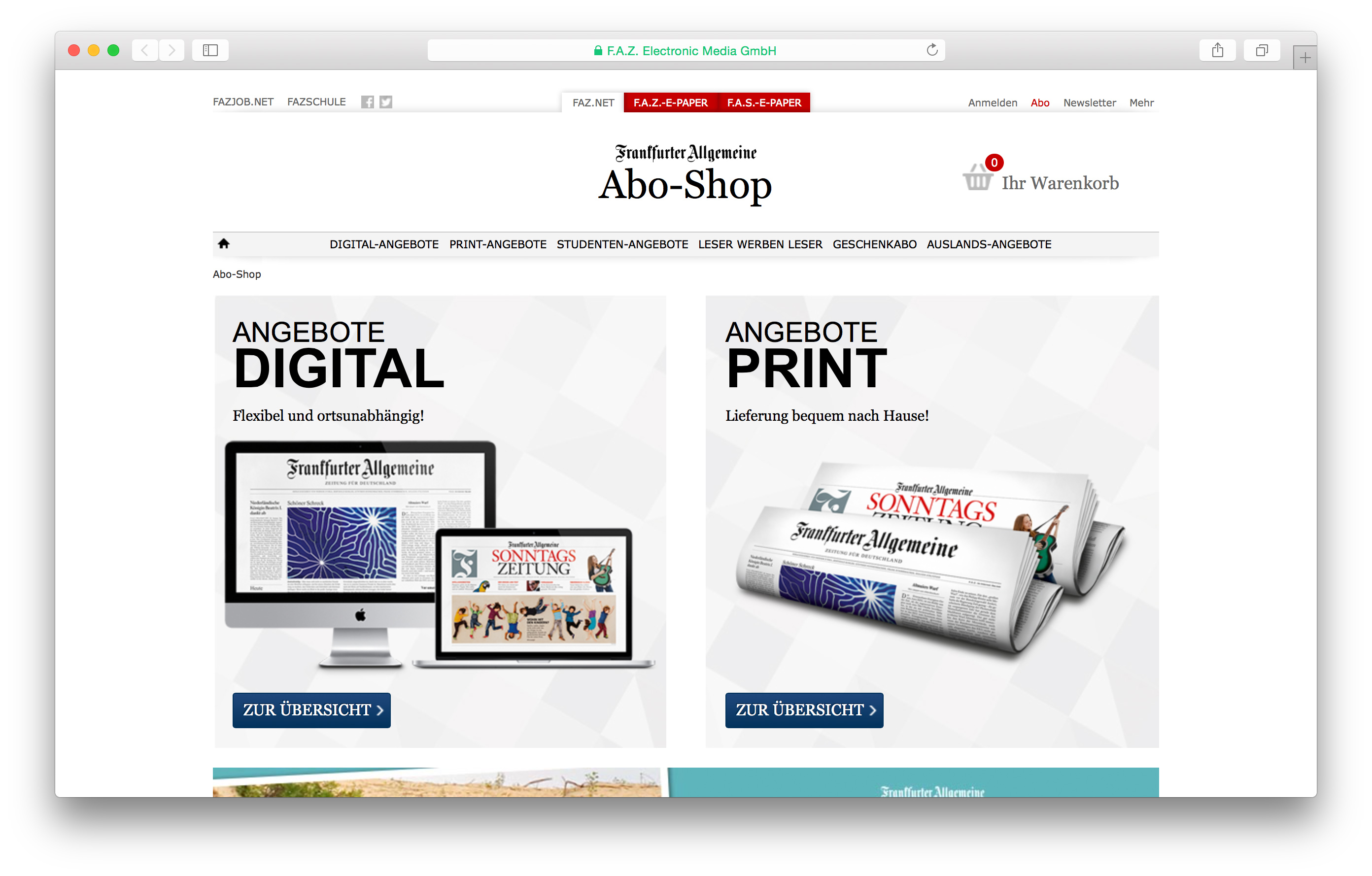 Startseite der neuen Abo-Shop-Lösung
