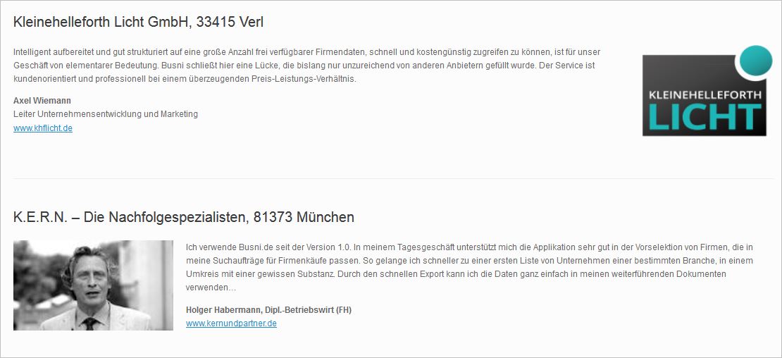 Aktuelle Einträge auf der www.busni.info/testimonial Seite Aktuelle Einträge auf der www.busni.info/testimonial Seite
