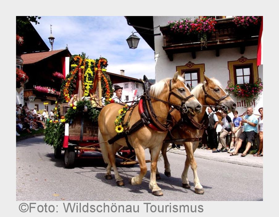 Prächtig geschmückte Festwagen sind das Highlight des Umzugs. (Bildquelle: Foto: Wildschönau Tourism