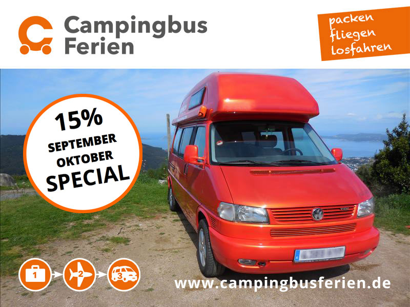 15% Rabatt auf Campingbus mieten im September und Oktober.