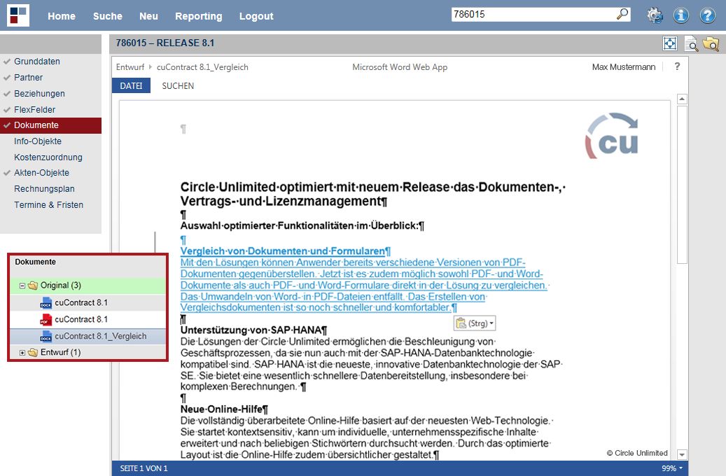 Dokumentenvergleich innerhalb des Vertrags- und Dokumentenmanagements (©Circle Unlimited AG) Dokumentenvergleich innerhalb des Vertrags- und Dokumentenmanagements (©Circle Unlimited AG)