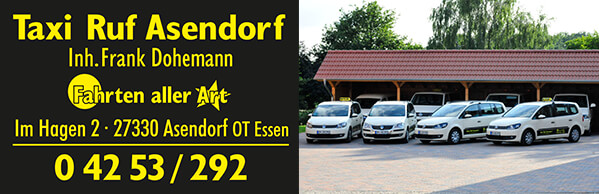 Taxi Ruf Asendorf ist seit jeher VW-Kunde und fährt mit einer modernen Taxi-Fahrzeugflotte. Taxi Ruf Asendorf ist seit jeher VW-Kunde und fährt mit einer modernen Taxi-Fahrzeugflotte.