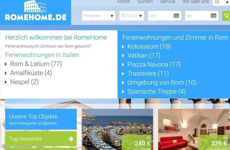 Screenshot der neuen Startseite von Romehome.de.