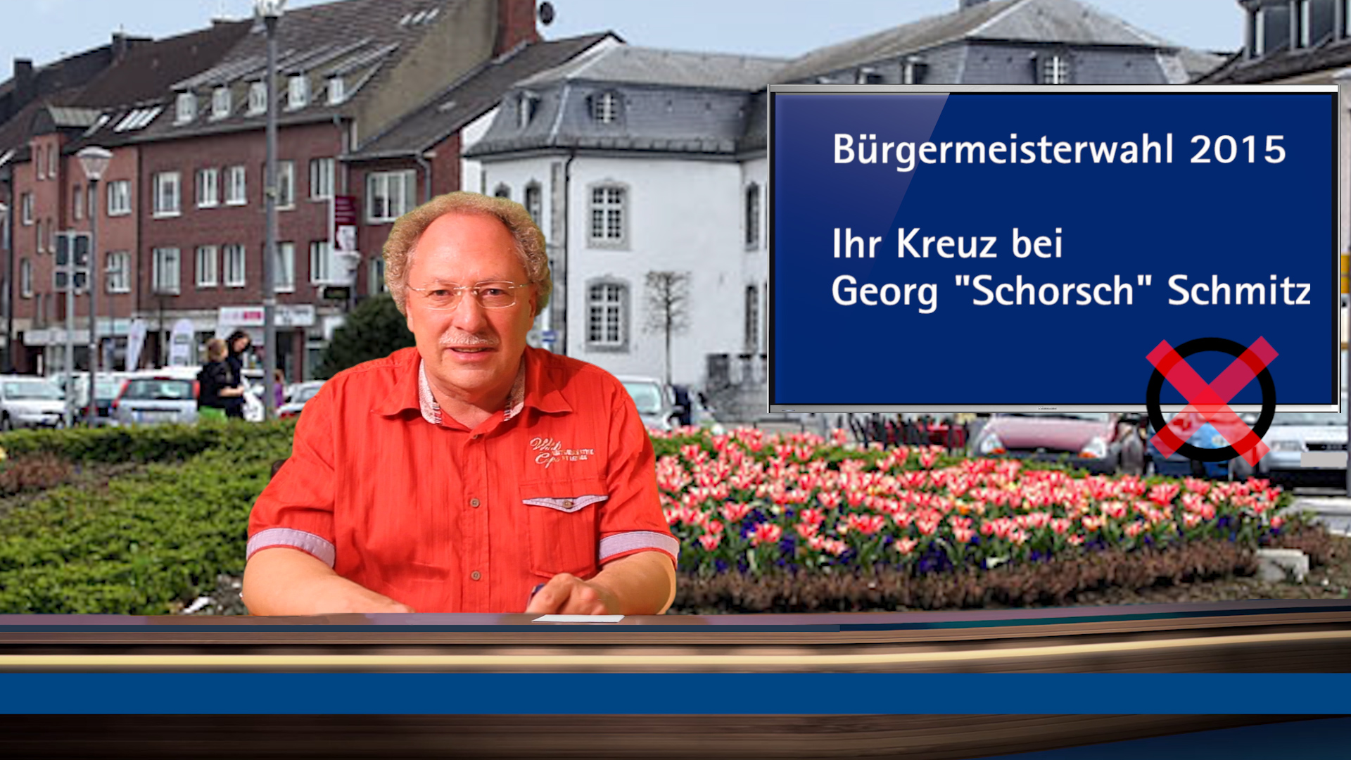 Bürgermeisterkandidat Georg"Schorsch" Schmitz in seinem virtuellen Wahlstudio Bürgermeisterkandidat Georg"Schorsch" Schmitz in seinem virtuellen Wahlstudio
