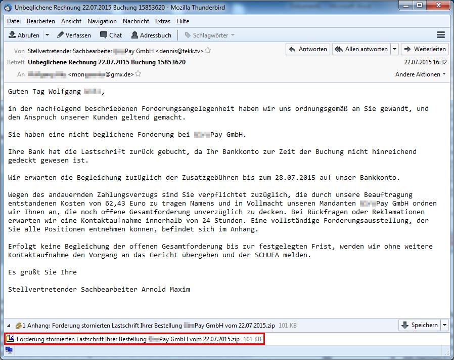 Spam-Email mit Win32/Trustezeb im Anhang