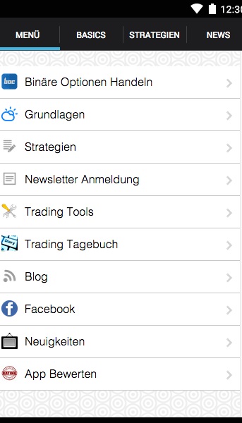 Hauptmenü der Binäre Optionen Coach App