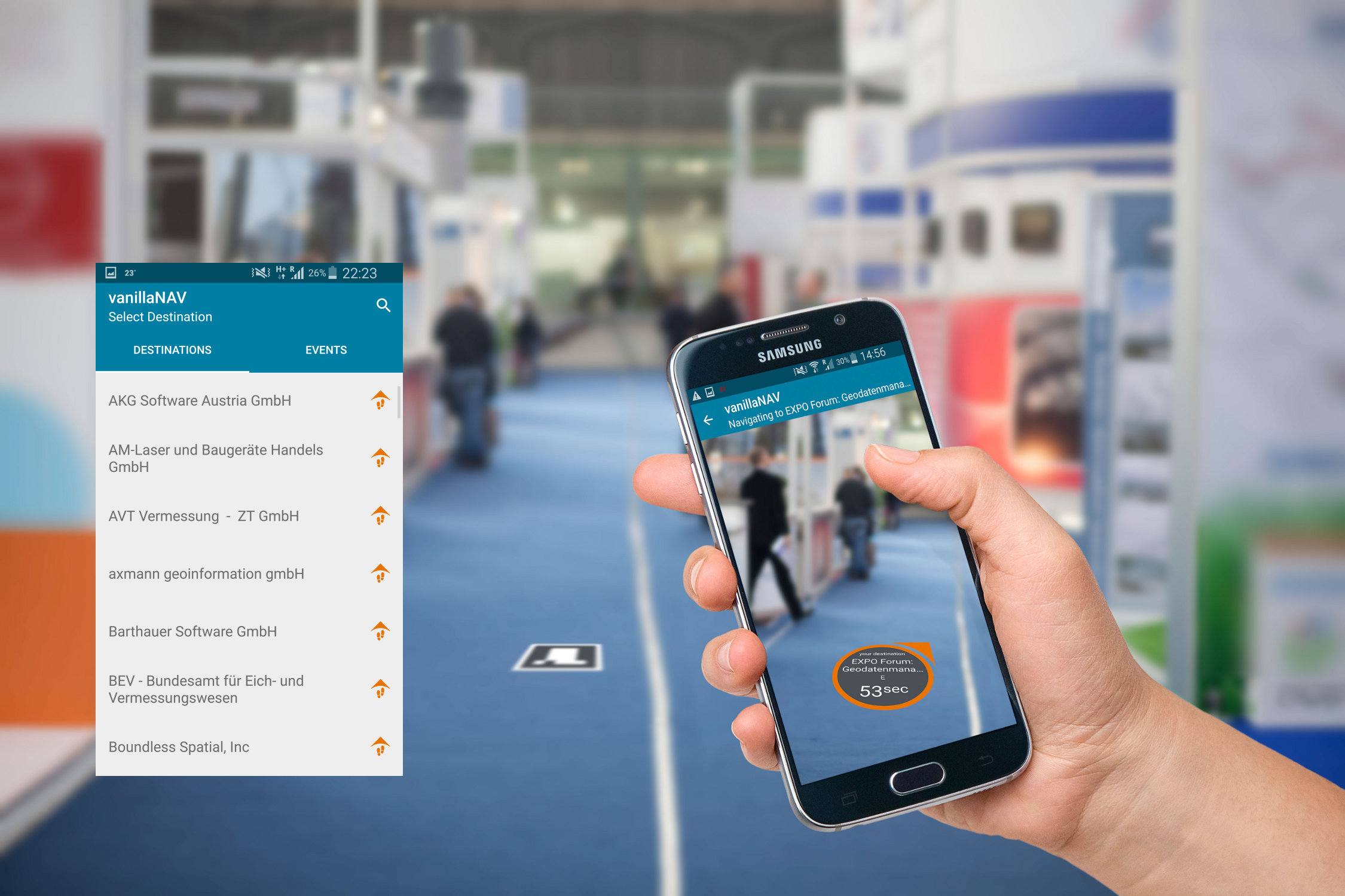 Screen für die Auswahl des Navigationsziels und Zielführung mit Augmented Reality Navigationspfeil