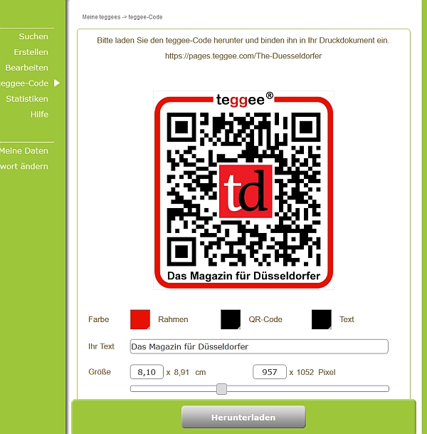 Im teggee-Backend kann der QR-Code zu einer teggee-Page indviduell gestaltet werden Im teggee-Backend kann der QR-Code zu einer teggee-Page indviduell gestaltet werden