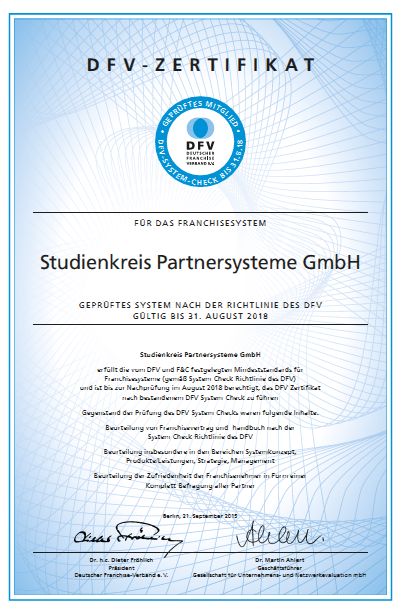 Studienkreis-Partnersysteme erhalten erneut Gütesiegel des Deutschen Franchiseverbandes Studienkreis-Partnersysteme erhalten erneut Gütesiegel des Deutschen Franchiseverbandes