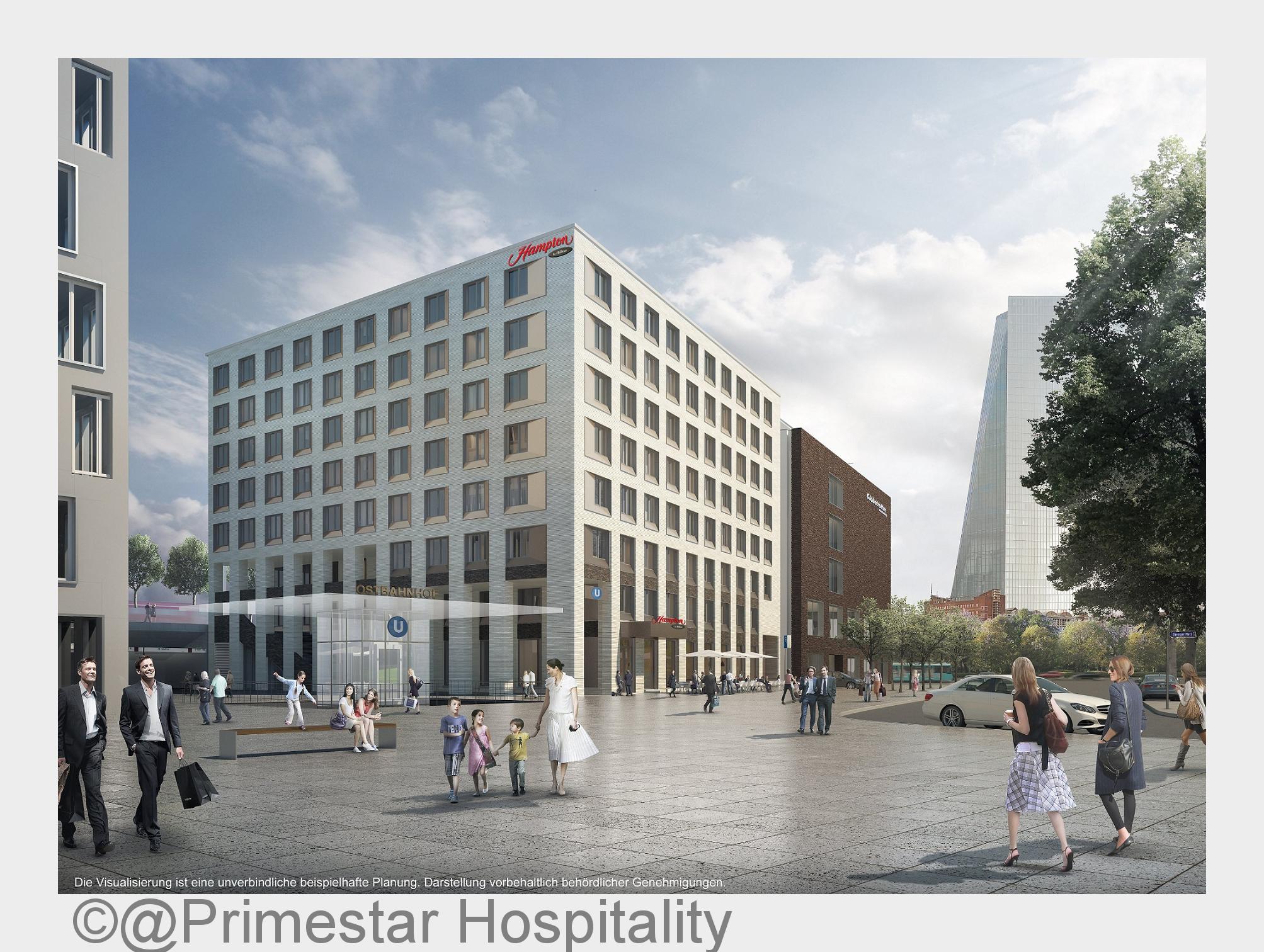Folgende Visualisierung zeigt den vorläufigen Planungsstand des Hampton by Hilton Frankfurt (Bildque Folgende Visualisierung zeigt den vorläufigen Planungsstand des Hampton by Hilton Frankfurt (Bildque