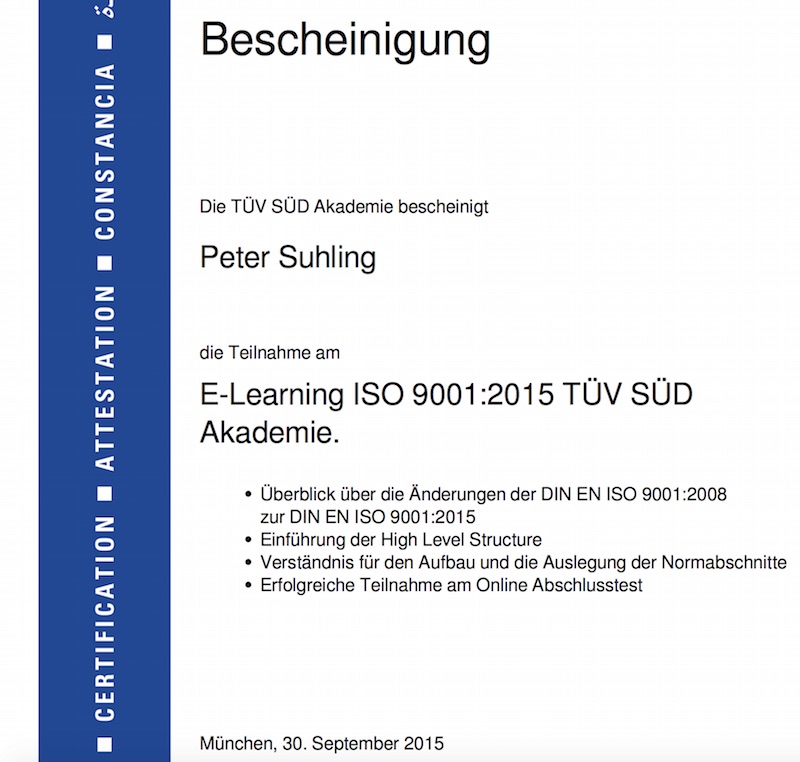 Bescheinigung ISO 9001:2015 TÜV Süd Akademie Bescheinigung ISO 9001:2015 TÜV Süd Akademie