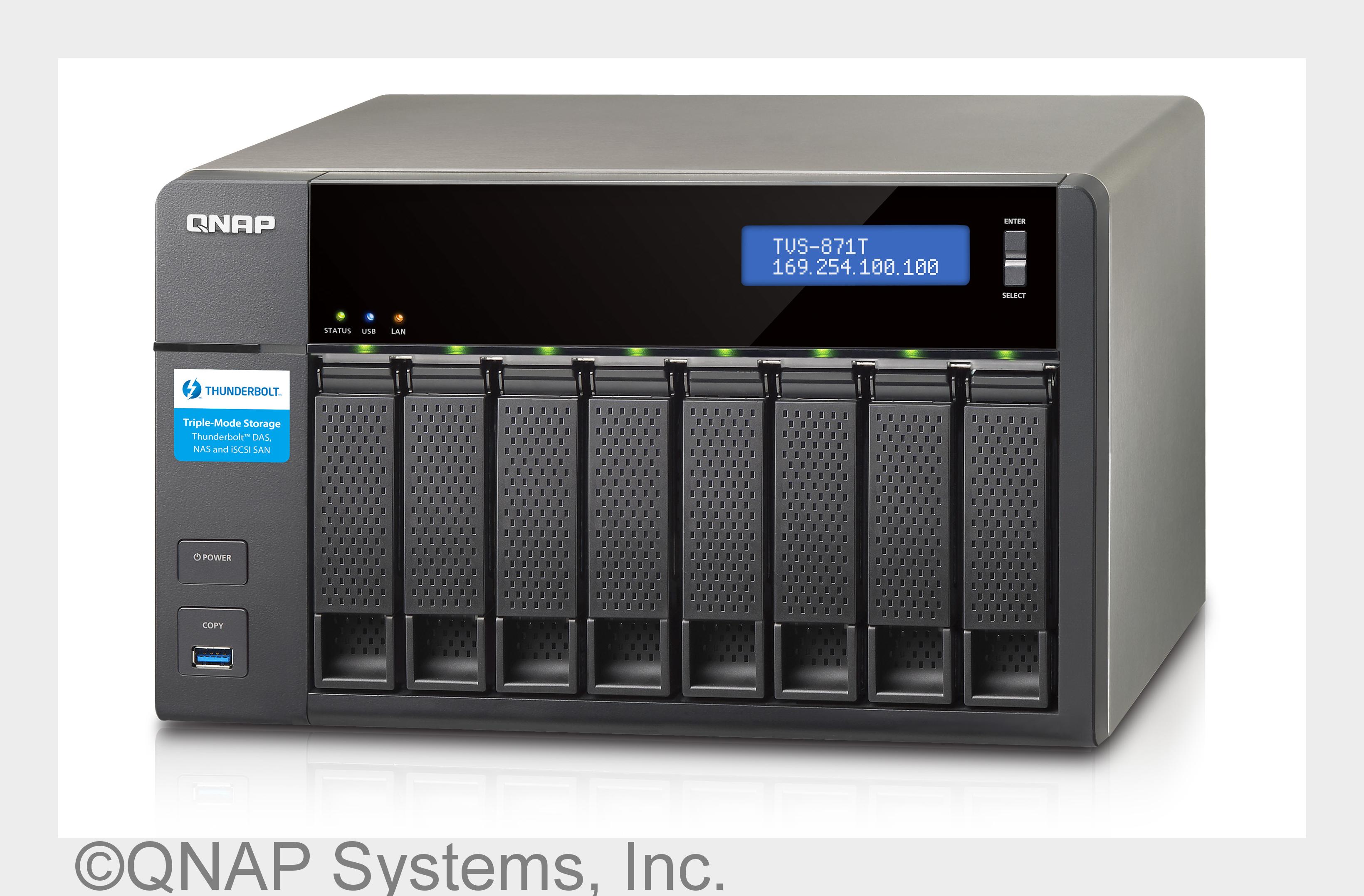 QNAP TVS-871T: 10 GbE-fähiges Turbo vNAS mit zwei Thunderbolt 2-Ports& 4K-Support (Bildquelle: Q QNAP TVS-871T: 10 GbE-fähiges Turbo vNAS mit zwei Thunderbolt 2-Ports& 4K-Support (Bildquelle: Q