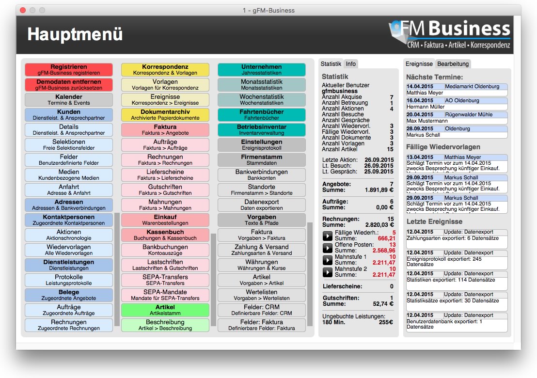gFM-Business 2.0 CRM, Faktura und Warenwirtschaft für Mac, PC und iPad.