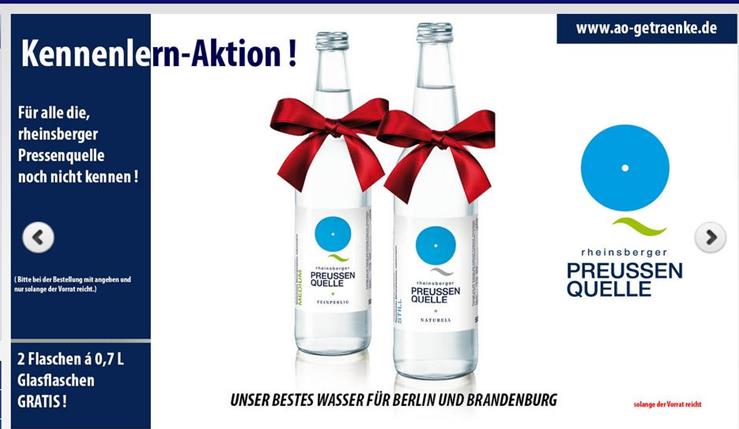 Zwei Flaschen Rheinsberger Preussenquelle gratis! Kennenlern-Aktion beim A&O Lieferservice e.K.