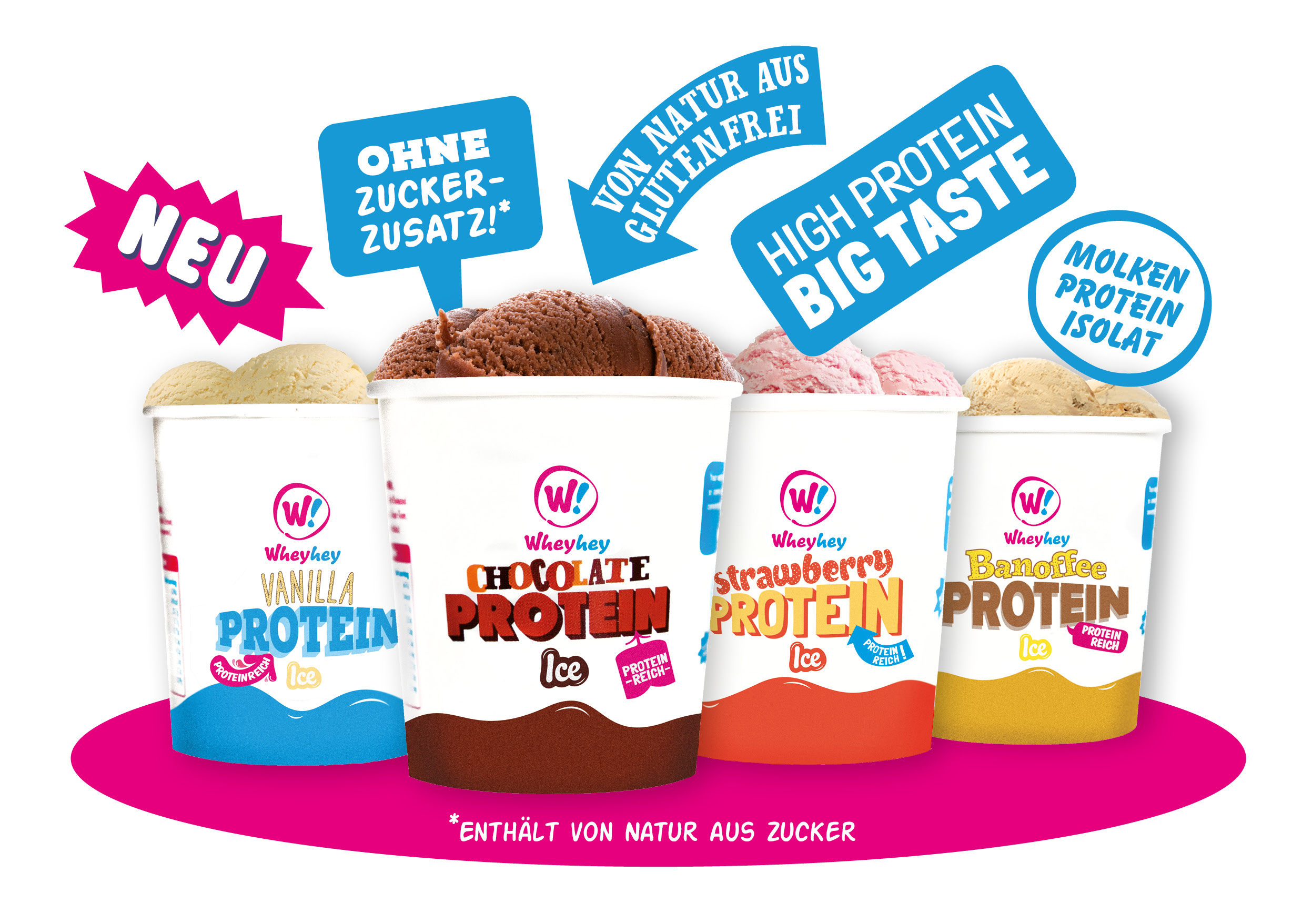 Wheyhey - das weltberühmte Protein-Eis aus England ist in vier Sorten erhältlich.