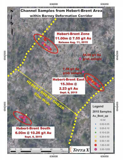 Proben aus Schürfen Hebert-Brent Shear TerraX Minerals